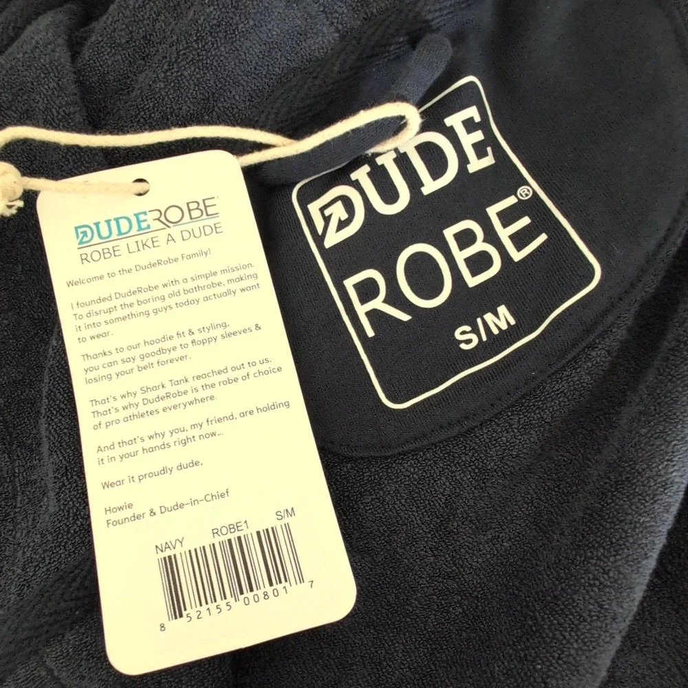 DudeRobe Mens Navy Blue Hooded Bathrobe Cotton Jersey Toweling NWT S/M Lounge